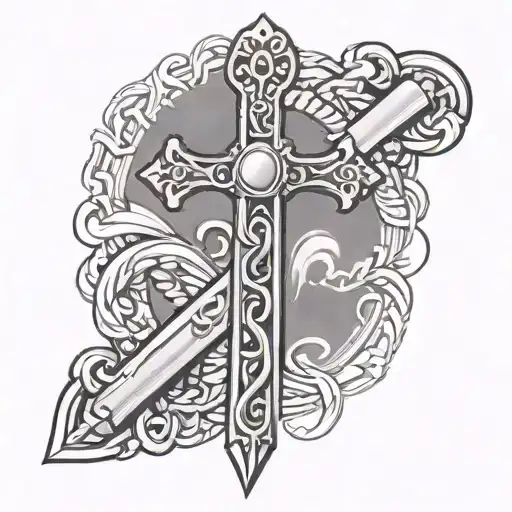 Roman sword in shape of cross with chain wrapped  tattoo design idea
