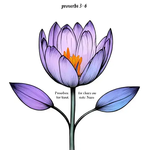 fineline blossomed crocus flower with words proverbs 3:5-6 on it interwined on forearm tattoo design idea