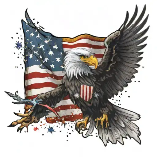 American flag with eagle and fireworks exploding in the night tattoo design idea