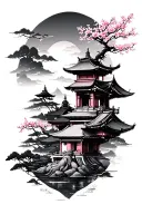 cascading image of Buddhist landscapes and cherry blossoms tattoo design idea