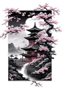 cascading image of Buddhist landscapes and cherry blossoms tattoo design idea