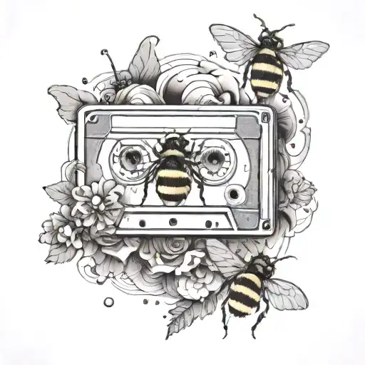 A cassette tape with astrology signs as the tape inside, surrounded by bumblebees tattoo design idea