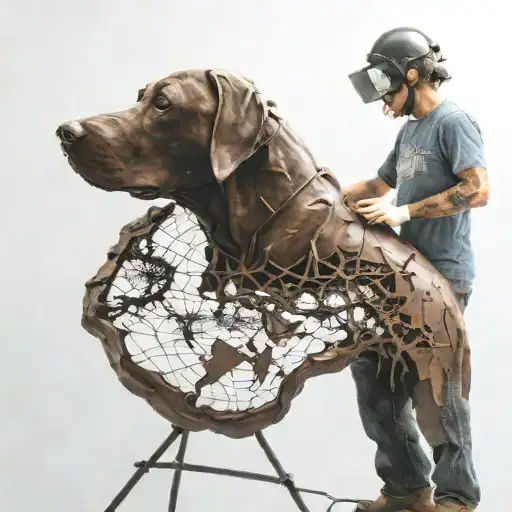 A welder working on a giant chocolate lab sculpture, with a world map in the background showing all the places they've traveled tattoo design idea