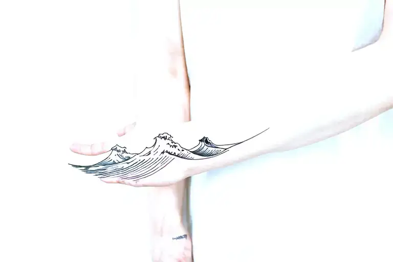 Minimalist tattoos showing the world of surfing and the wave to put inside the arm tattoo design idea