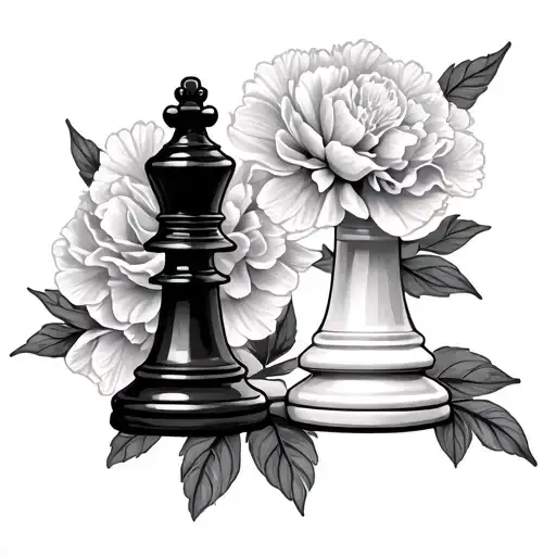 king and queen chess piece with carnation flowers background tattoo design idea