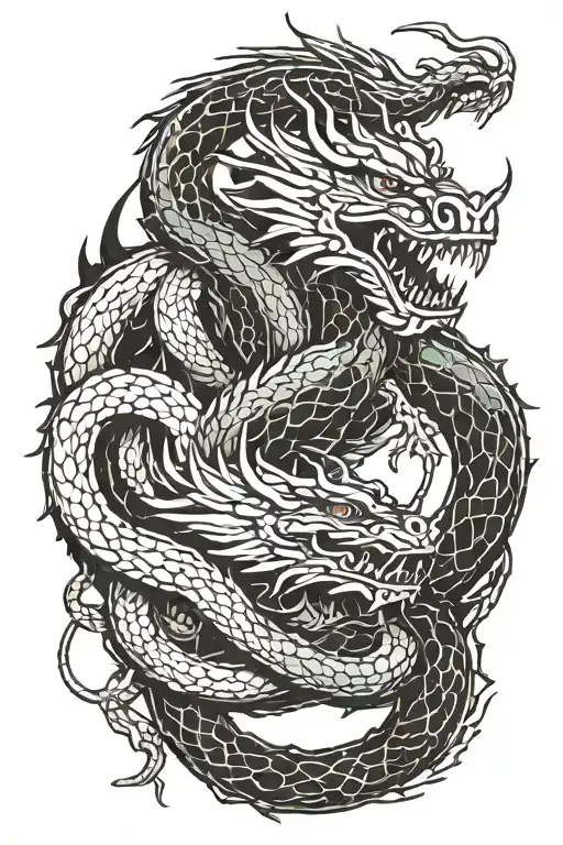 Japanese dragon with 2 snake heads at the end of its tail tattoo design idea