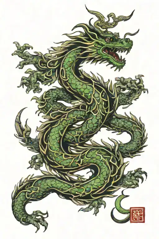 Chinese wood dragon wrapped around arm with single head placed on anterior shoulder with elements of strength, wisdom  tattoo design idea