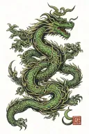 Chinese wood dragon wrapped around arm with single head placed on anterior shoulder with elements of strength, wisdom  tattoo design idea
