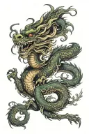 Chinese wood dragon wrapped around arm with single head placed on anterior shoulder with elements of strength, wisdom  tattoo design idea