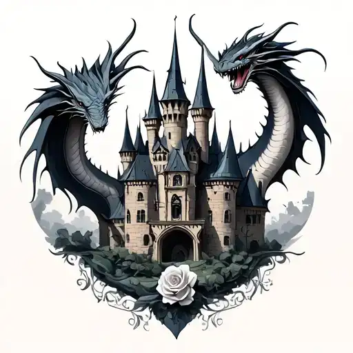 Gothic Castle with Rosales and a Dragon tattoo design idea