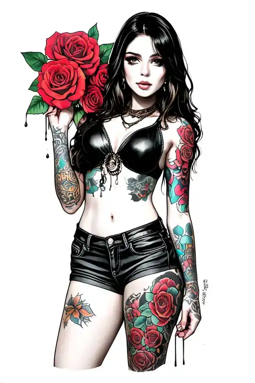 tattoo girl in leather full peice costume in denim shorts with bacground redvroses fine line drips tattoo design idea