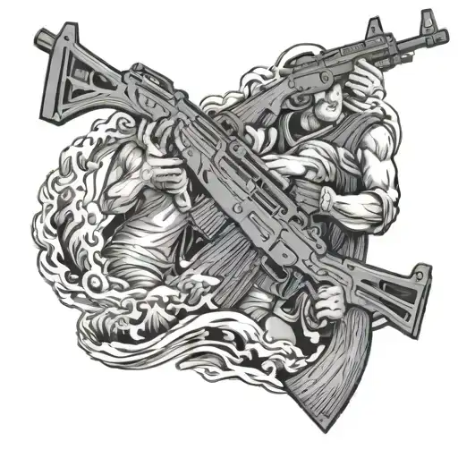 four man holding ak47 on the background sea waves tattoo design idea