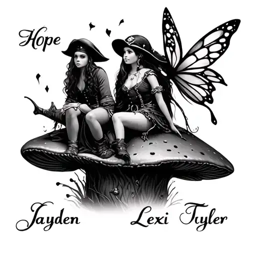 "Hope Jayden Riley Lexi Tyler " pirates and fairy sitting on a mushroom tattoo design idea