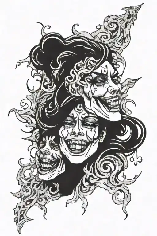 laugh now cry later tattoo with tears coming out of the crying face and a small hint of flames behind it  tattoo design idea