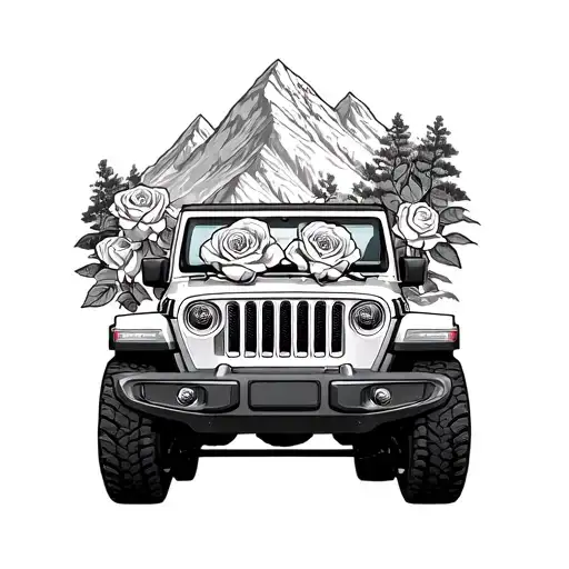 2 door jeep wrangler with mountain range and 8 cherokee roses tattoo design idea