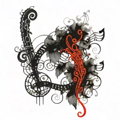 whimsical vine growing made out of smoke lace and musical notes and bar lines tattoo design idea