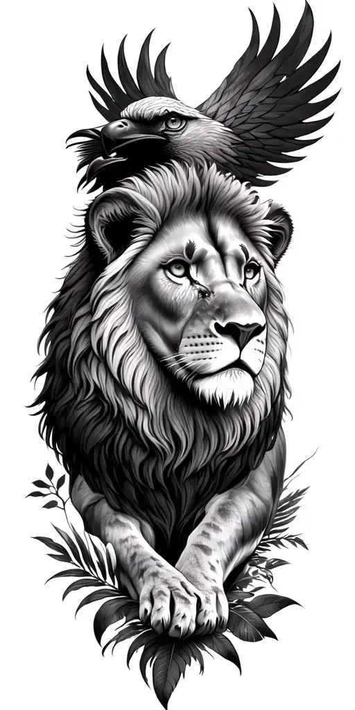 Lion with eagle and savannah jungle tattoo design idea