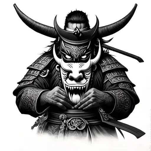 photo realistic ronin samurai holding an oni mask tattoo design idea