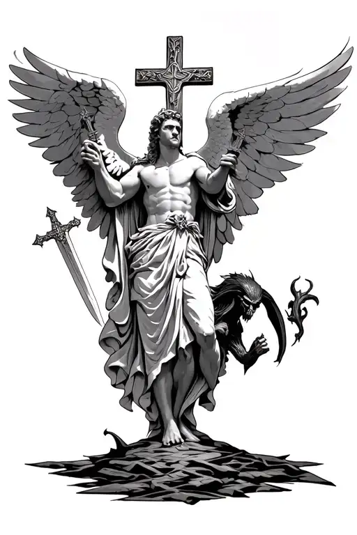archangel michael with the cross in his hands with satan at his feet but the end of the cross turn into a sword right ab tattoo design idea