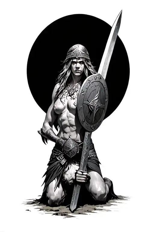 Valkyrie above fallen Norse Viking warrior kneeling injured on ground with sword and shield tattoo design idea