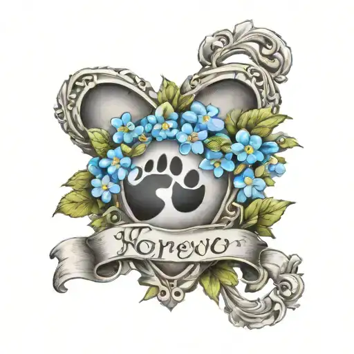 a paw print surrounded by a wreath of forgetmenots with the phrase forever and always at the bottom tattoo design idea