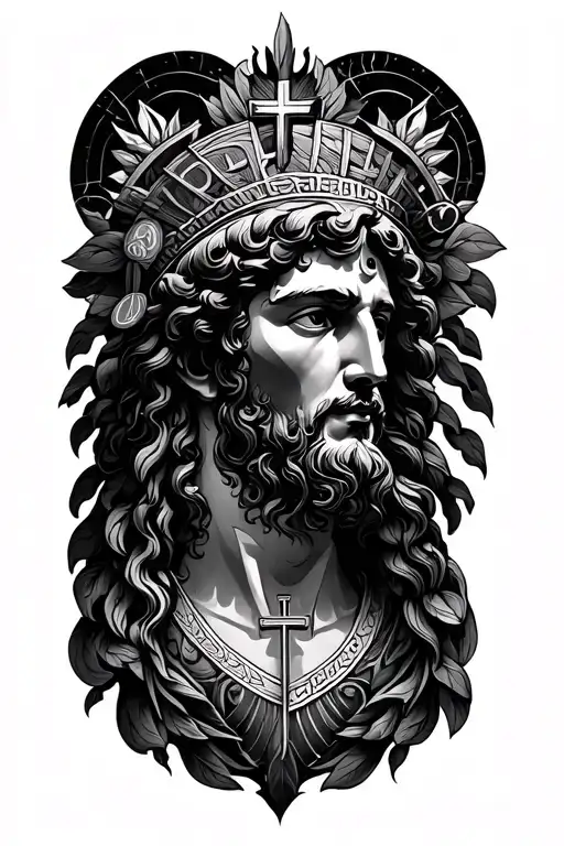 Ancient greek and christian religion symbols in one tattoo design idea