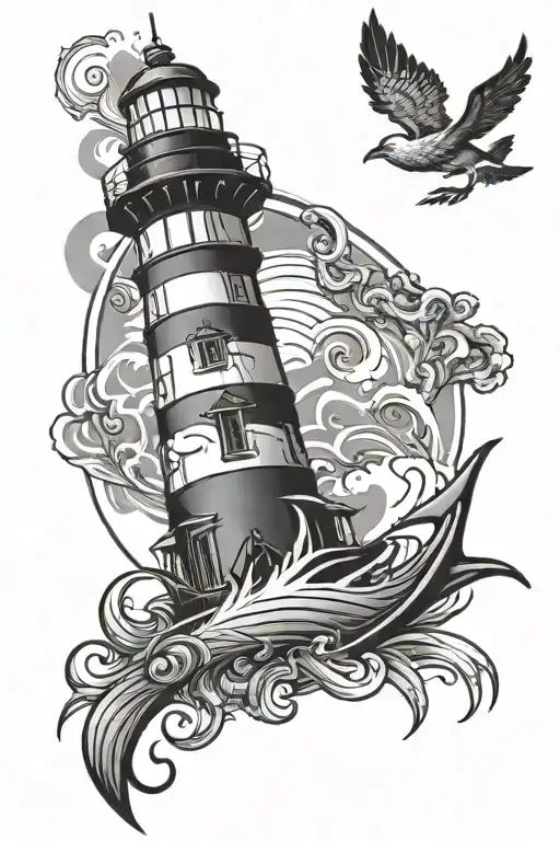 tribal lighthouse with anchor and ocean intertwined  tattoo design idea