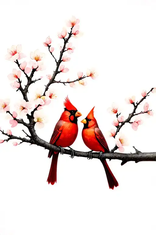 A male cardinal and a female cardinal looking at each other sitting on one cherry blossom branch tattoo design idea