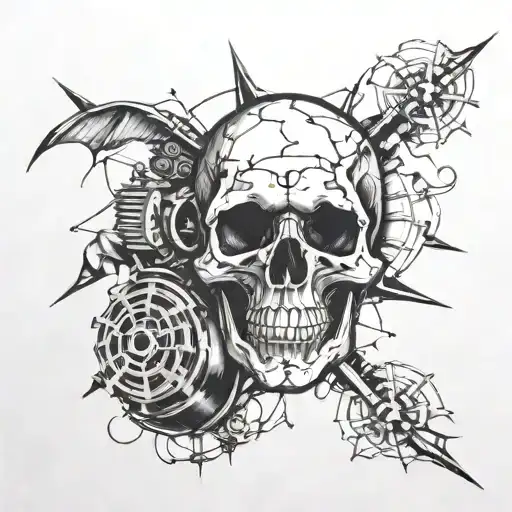 engine block, wind rose, skull and veins tattoo design idea