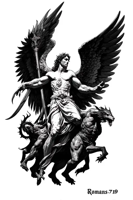 "Romans 7:19" archangel Micheal fighting demons tattoo design idea