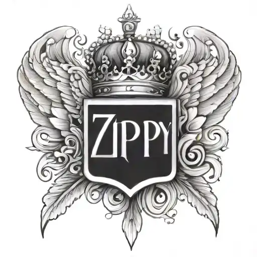 the name zippy with a crown and angle wings and 5.11.24 in roman numerals tattoo design idea