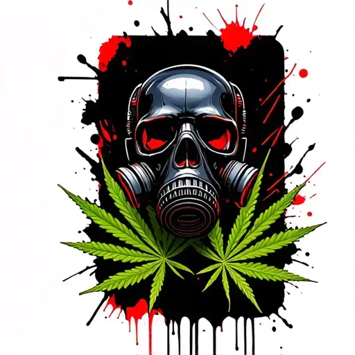 composition A black robot skull with gas mask,in the background a marijuana leaf tattoo design idea