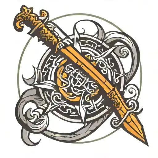 sword triskel symbol inside a circle tattoo design idea