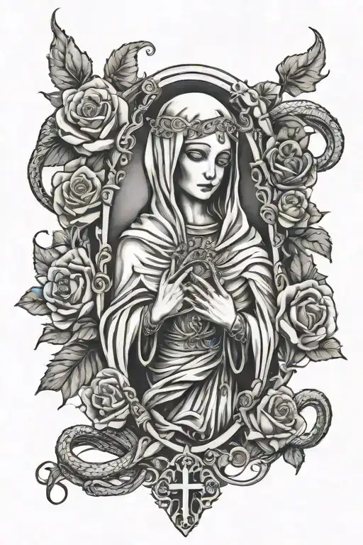 sleeve tattoo with virgin mary and the grim reaper and snakes and roses and rosary cross necklace  tattoo design idea