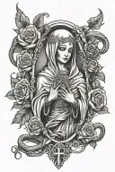sleeve tattoo with virgin mary and the grim reaper and snakes and roses and rosary cross necklace  tattoo design idea