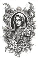 sleeve tattoo with virgin mary and the grim reaper and snakes and roses and rosary cross necklace  tattoo design idea