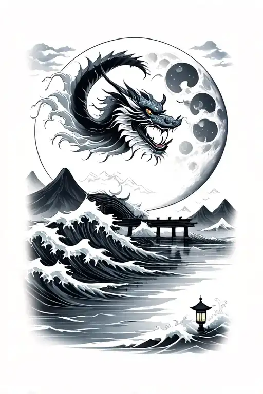 Japanese waves, Chinese dragon flying near moon and mountains. Japanese bridge with moon reflection and Asian lamp float tattoo design idea