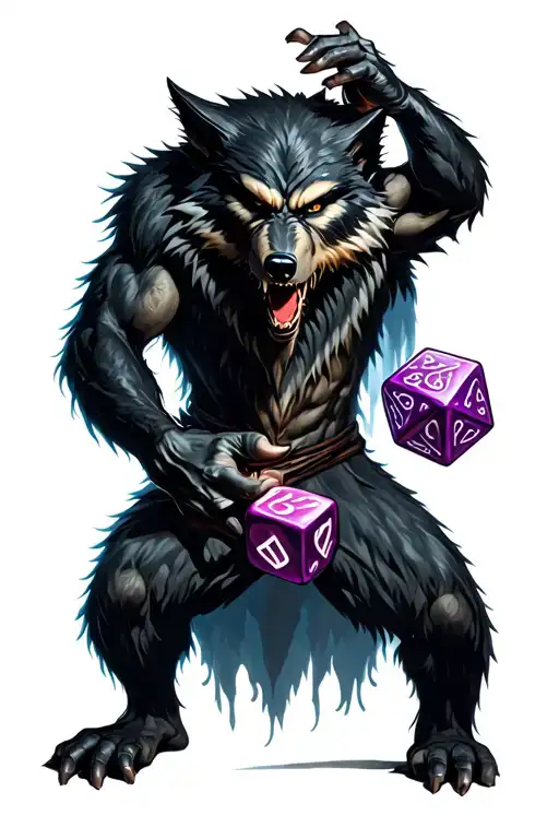 Werewolf holding D20 dice tattoo design idea