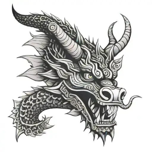 geometric chicano Aztec tribal dragon snake head with sakura tattoo design idea