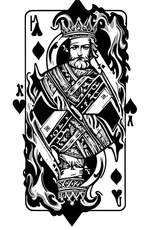 King of diamonds card with flames right arm sleeve tattoo design idea