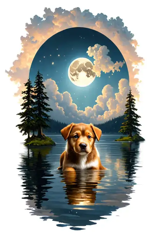 A German Pastor Delgadi in a lake with trees and a moon with clouds around and in the reflection of the water a puppy tattoo design idea