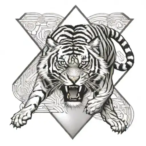 full size tiger walking out of huge rhombus shape tattoo design idea