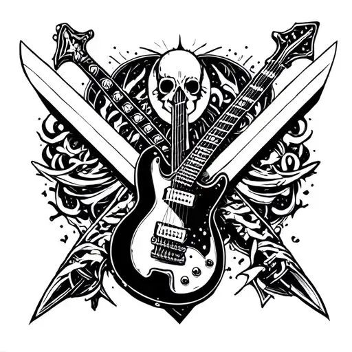 punk guitar and sword tattoo in the shape of an X tattoo design idea