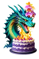 Dragon breathing fire onto a cake with orchids tattoo design idea