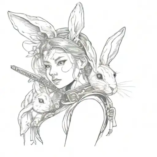 girl with a rabbit lying on her shoulder with samurai theme tattoo design idea