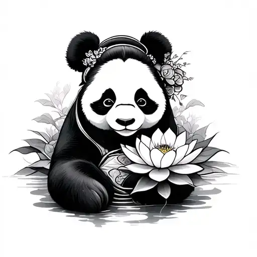 panda, geisha, lotus, japanese tattoo design idea