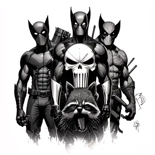 marvel antiheroes sleeve with deadpool, wolverine, punisher, venom, roccet racoon, groot and daredevil  tattoo design idea