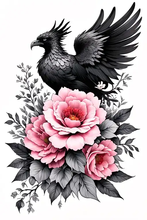 pink floral sleeve with black Phoenix tattoo design idea
