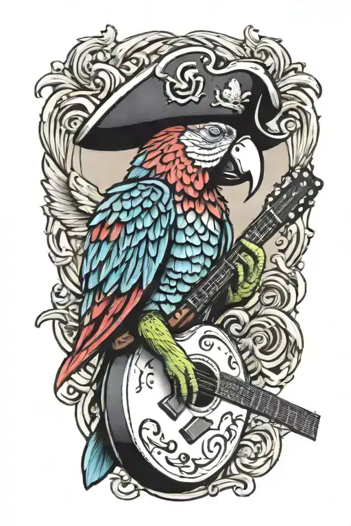 parrot pirate hat perched on guitar tattoo design idea