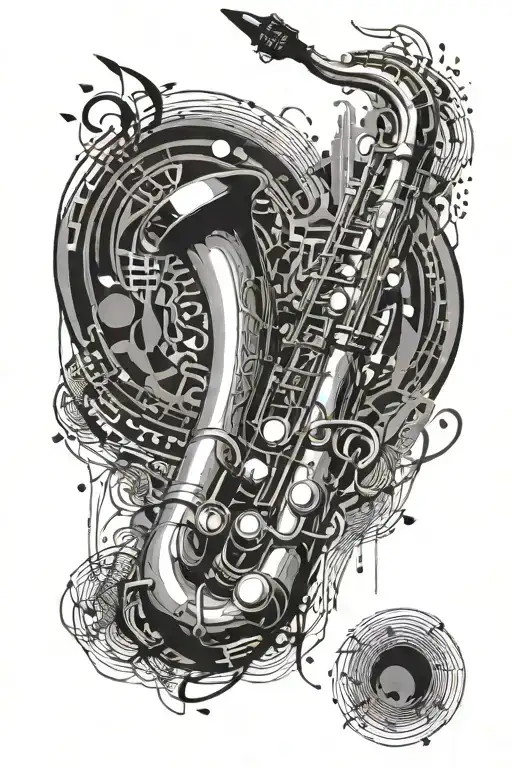 baritone saxophone with music notes surrounding them tattoo design idea